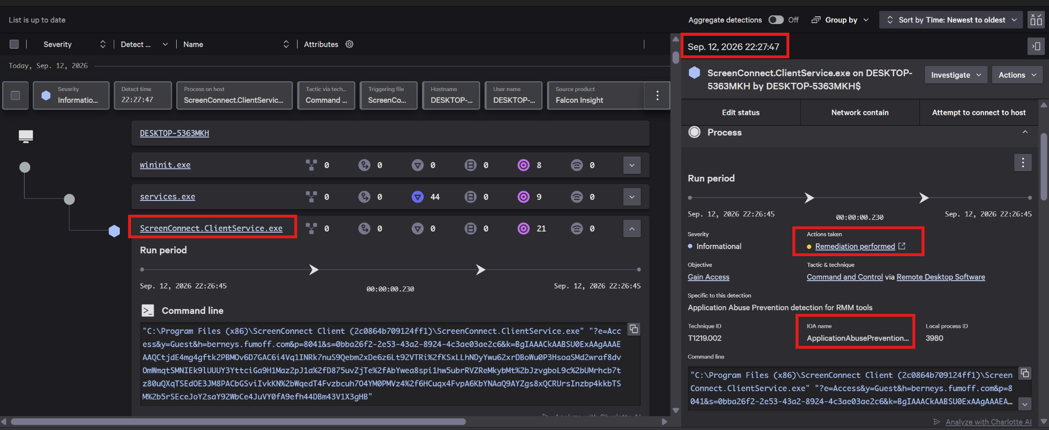 Application Abuse Prevention kaydında ScreenConnect ClientService sürecine uygulanan remediation