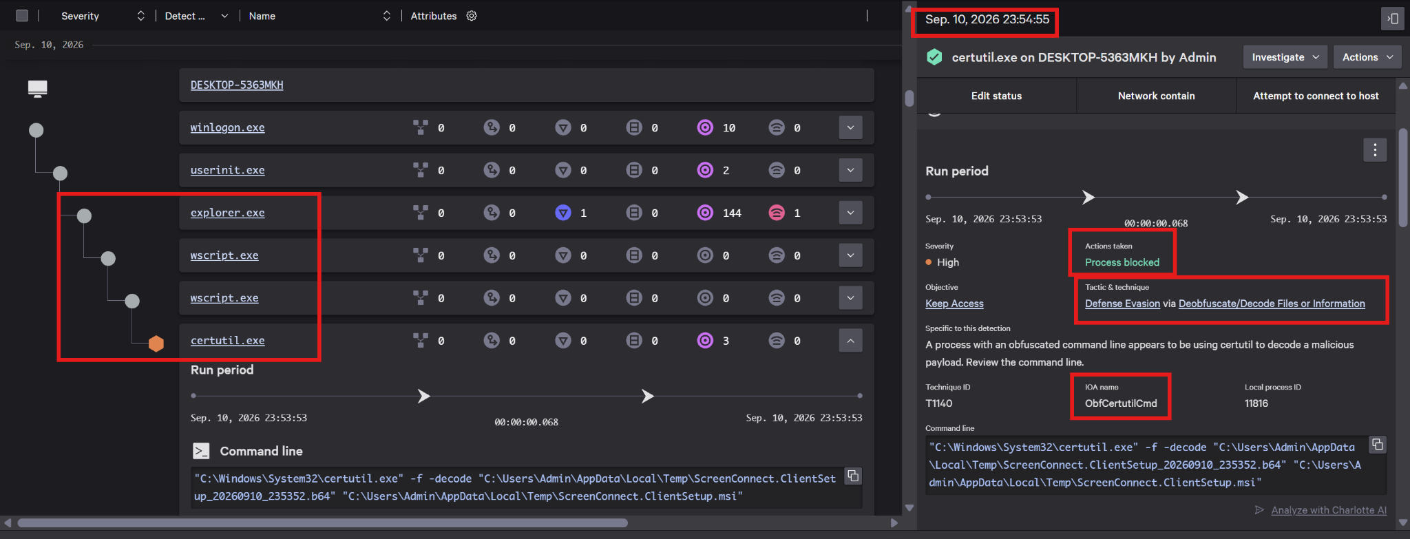 WScript süreçleri altında certutil decode işleminin ObfCertutilCmd ile engellenmesi