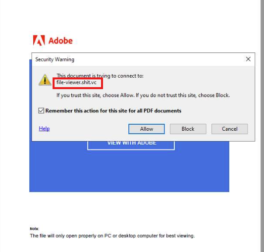 PDF içindeki bağlantının file-viewer.shit.vc alan adına yönlendiğini gösteren güvenlik uyarısı