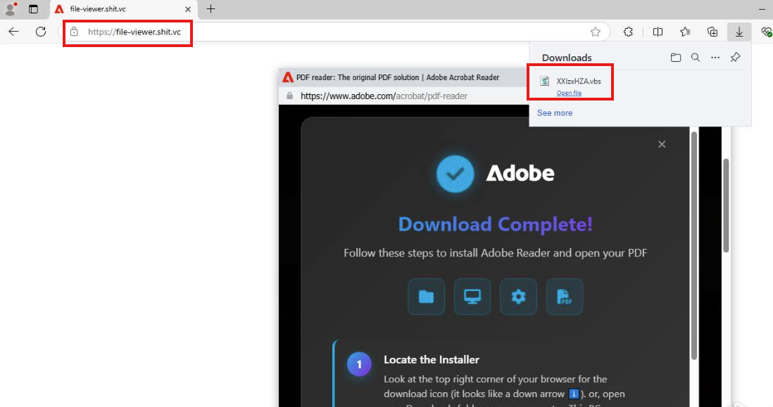 Gerçek alan adı ile sahte Adobe adres çubuğunun ve indirilen VBS dosyasının birlikte görünümü