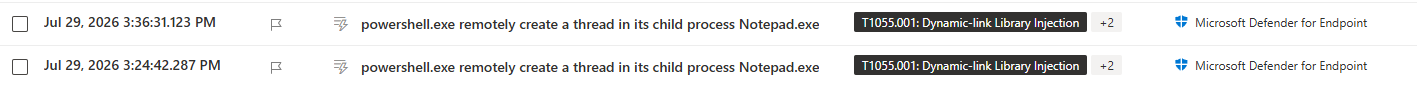 MDE timeline kaydı: powershell.exe remotely create a thread in its child process Notepad.exe, T1055.001 Dynamic-link Library Injection etiketiyle iki ayrı olay olarak listeleniyor.
