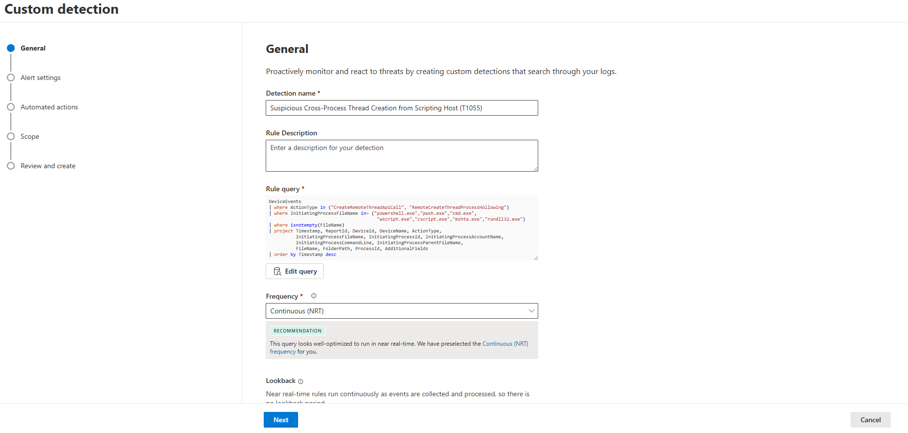 MDE Custom detection sihirbazının General adımı: Detection name, Rule query ve Frequency alanları doldurulmuş.