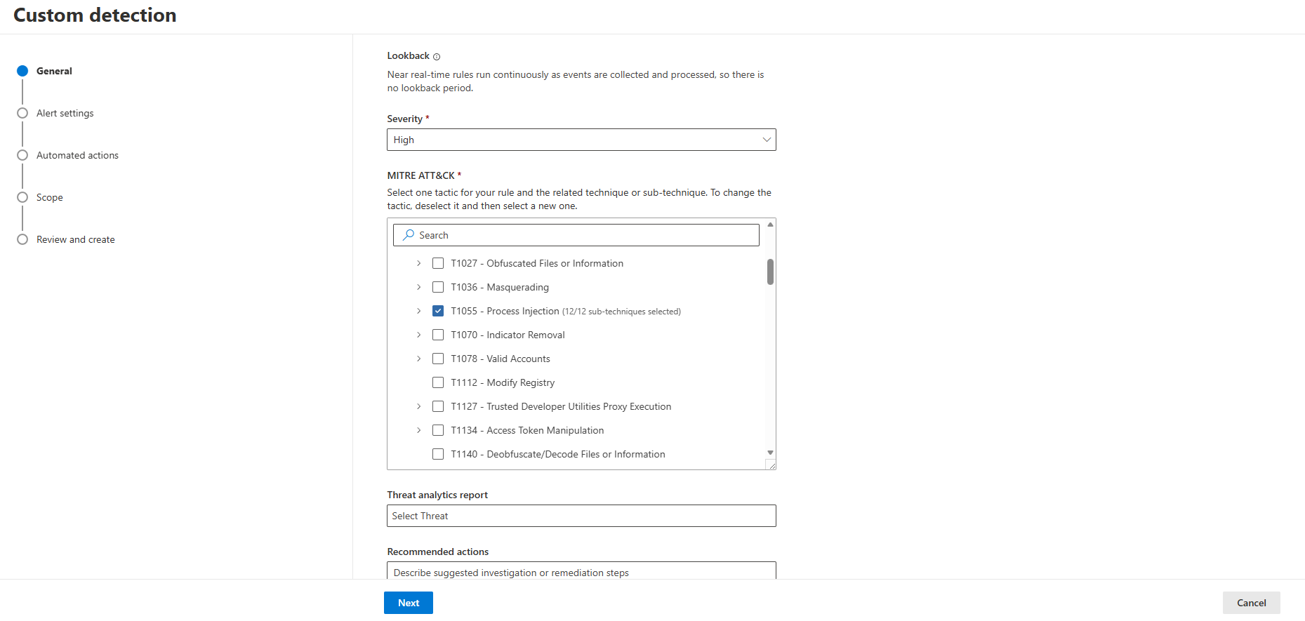 MDE Custom detection sihirbazının General adımının devamı: Severity High seçili, MITRE ATT&CK listesinde T1055 Process Injection işaretli.