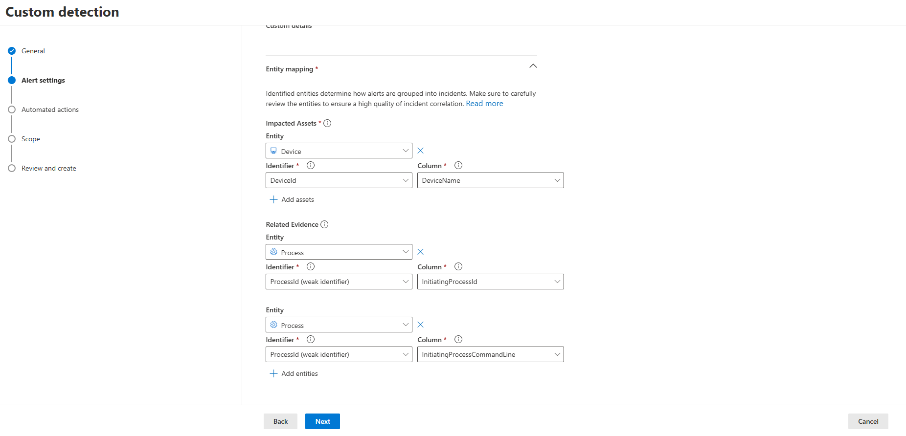 MDE Custom detection Entity mapping ekranı: Impacted asset olarak Device/DeviceId/DeviceName, related evidence olarak InitiatingProcessId ve InitiatingProcessCommandLine eşlenmiş.
