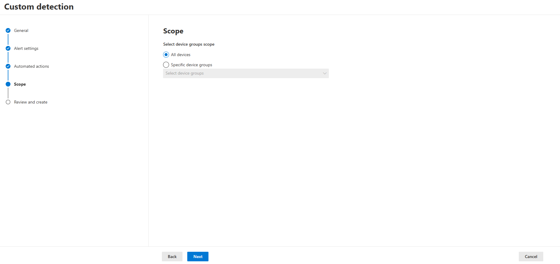 MDE Custom detection Scope adımı: All devices seçeneği işaretli.